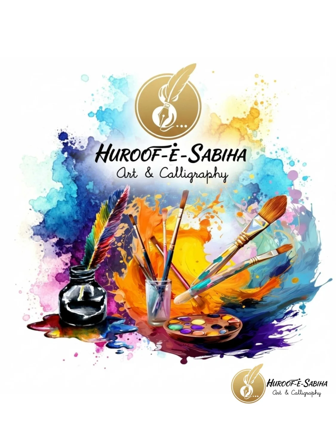 Huroof-e-Sabiha Art and Calligraphy brand artwork with pens, ink and paint brushes